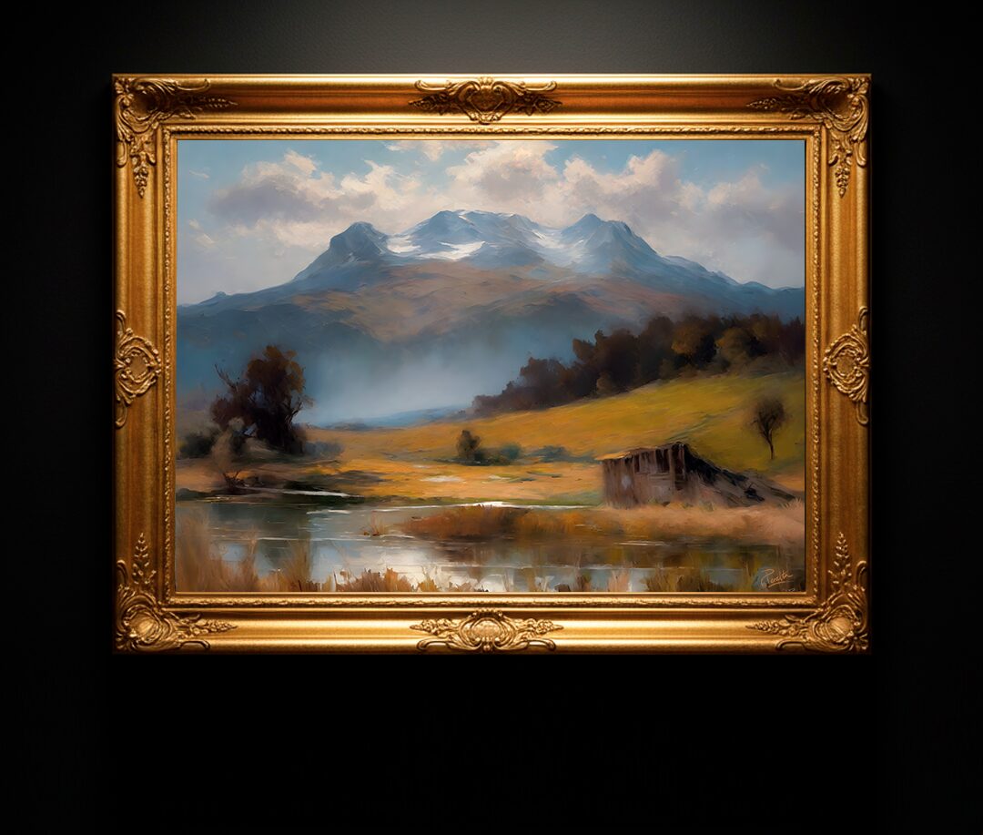 Iztaccíhuatl– óleo de Miguel Peralta Pintura al óleo enmarcada del Iztaccíhuatl por Miguel Peralta, artista mexicano.