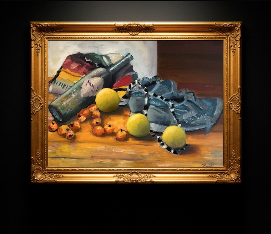 Pintura al óleo enmarcada de un bodegón por Miguel Peralta, artista mexicano.