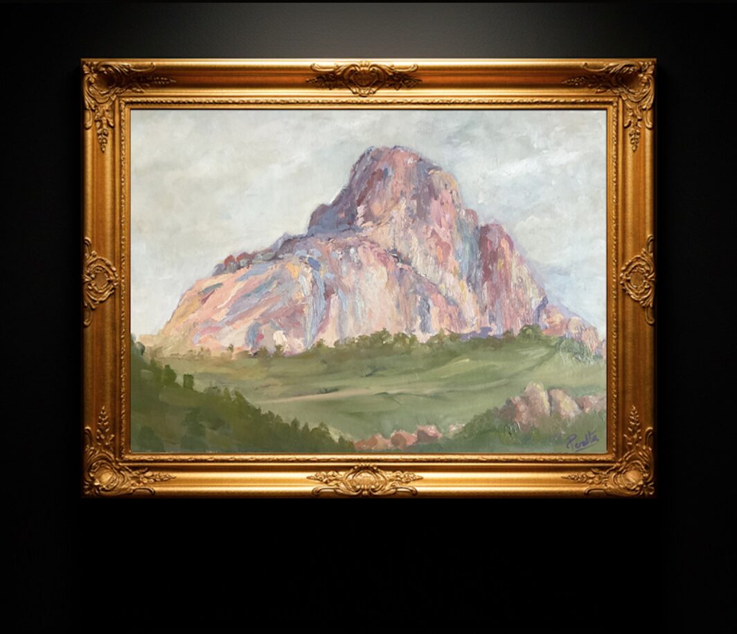 Peña de Bernal – óleo enmarcado de Miguel Peralta Pintura al óleo enmarcada de la Peña de Bernal por Miguel Peralta, artista mexicano